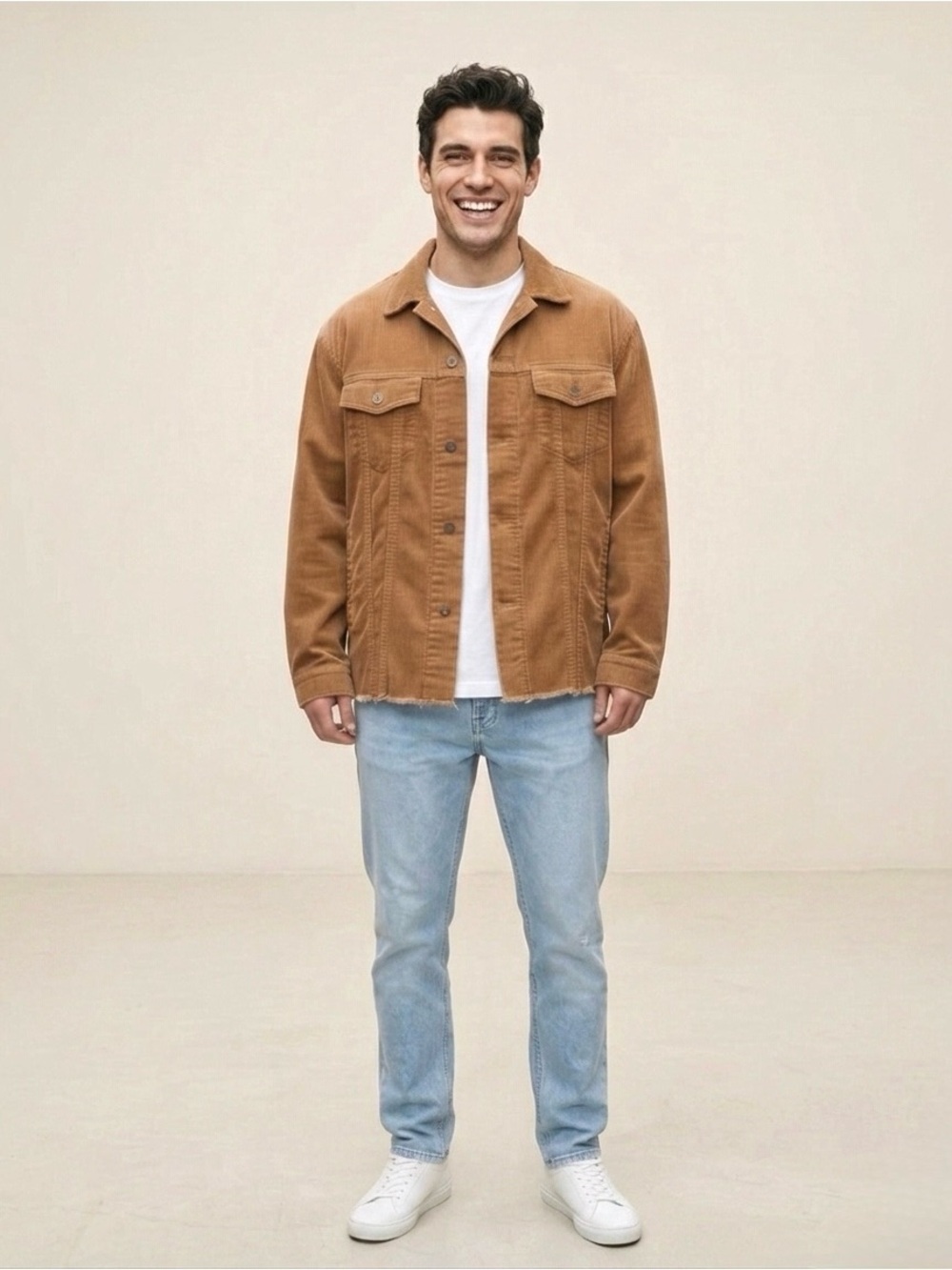 Zara Corduroy Trucker Fray Shirt‎ Shacket Jacket, Camel, Size S